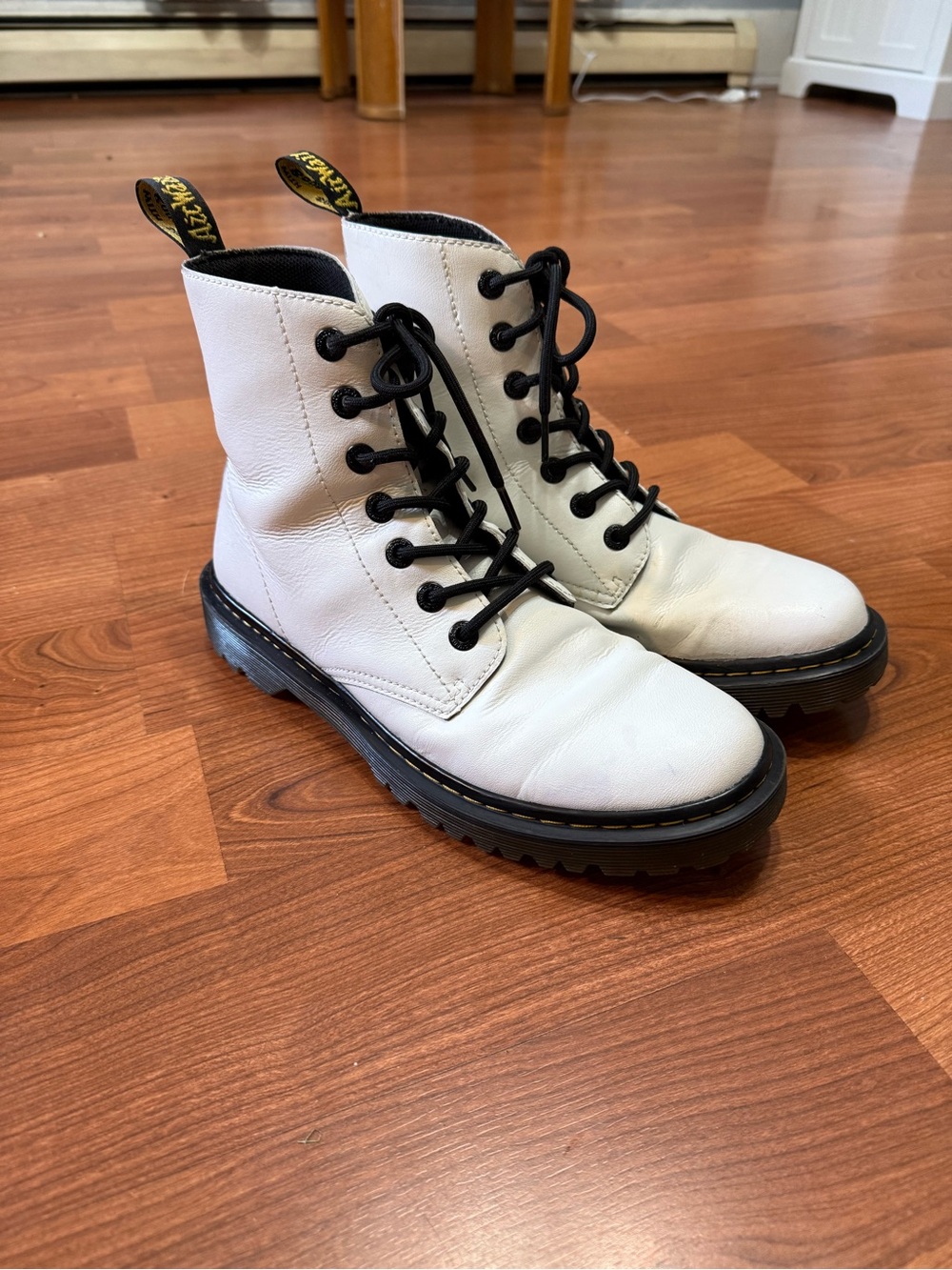 Dr. Martens White Leather Lace-Up Combat Boots with Black Laces